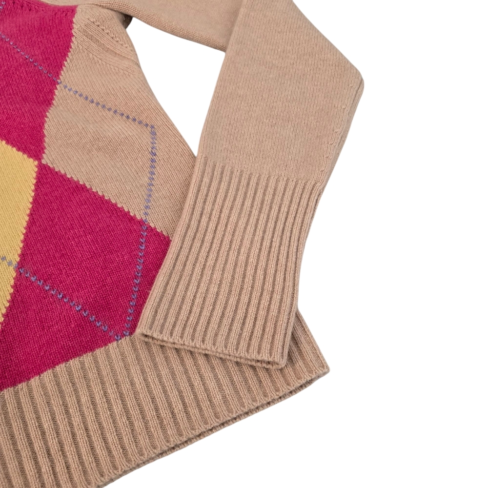 Lilly Pulitzer Cashmere Red and Tan Yellow Crew Neck Sweater with Argyle Pattern - Picture 4 of 9